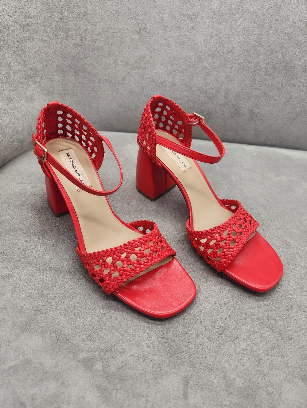 Antonio Melani Heeled Sandals 9.5 Scarlet Red Woven Leather Gretel Boho New $140